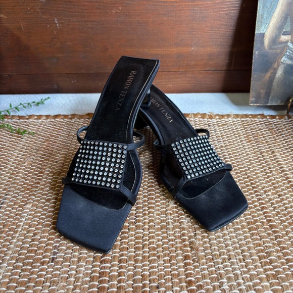 Ramon Tenza Shoes - Vintage Ramon Tenza Black Square Toe Satin & Leather Rhinestone Slides Size 7.5B